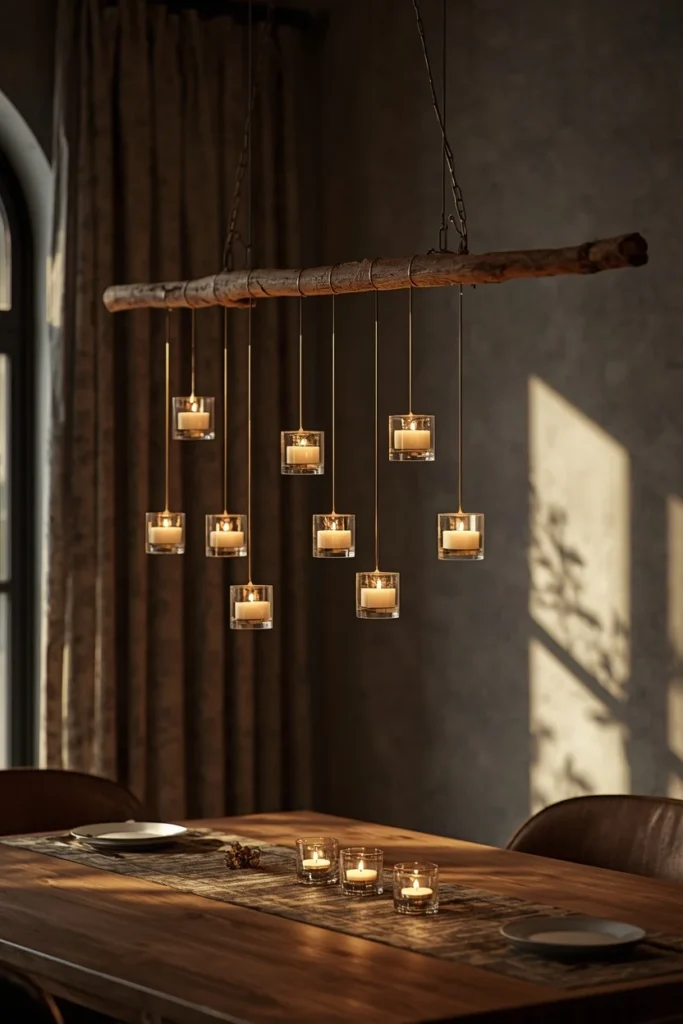 dining room scene, featuring a horizontal branch suspended above a dining table