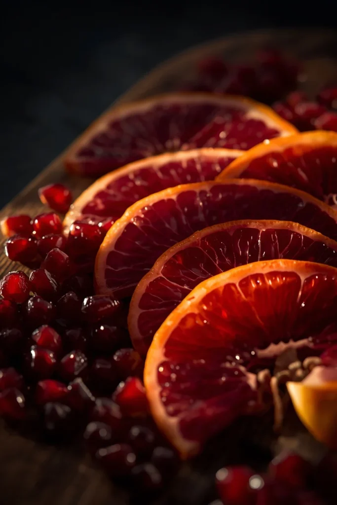 charcuterie board detail, featuring thinly sliced blood orange fanned in an overlapping pattern 
