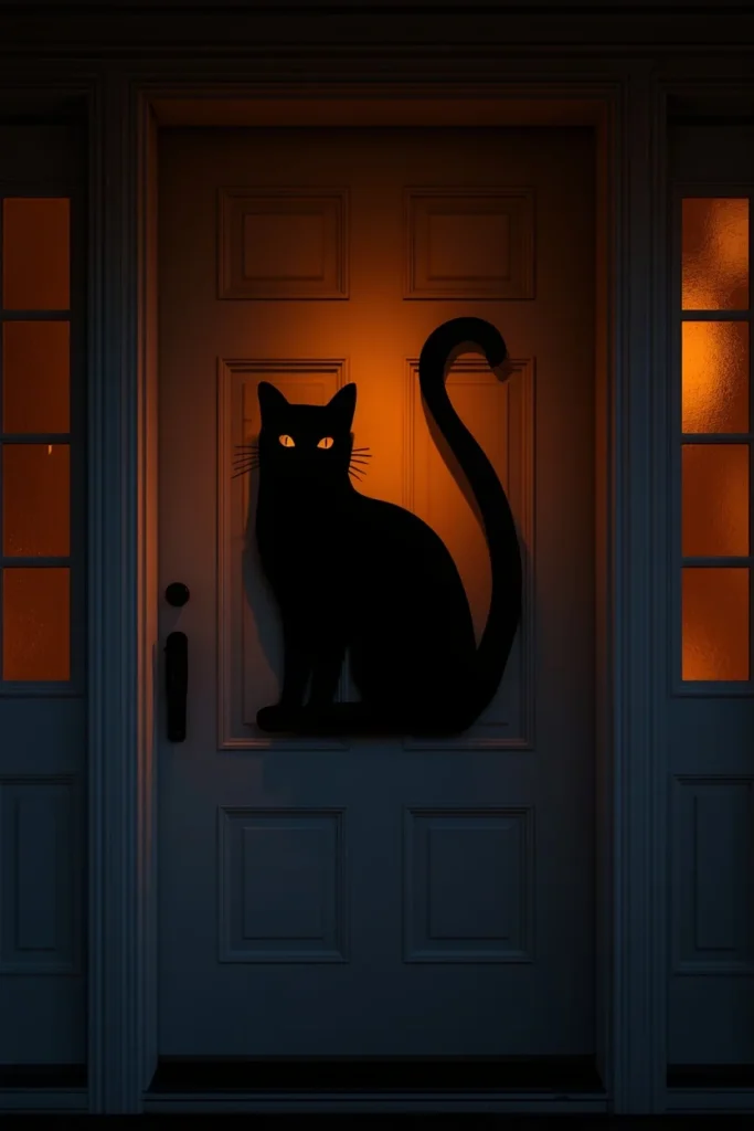  front door decorated for Halloween, featuring one large black cat silhouette cutout 