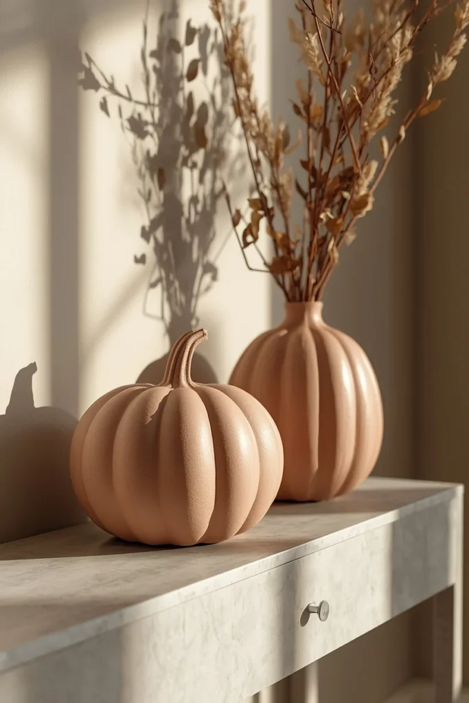 15 Pink Fall Decor Ideas for a Softer Take on Autumn 12 entryway console table, featuring two oversized matte dusty rose ceramic pumpkins placed