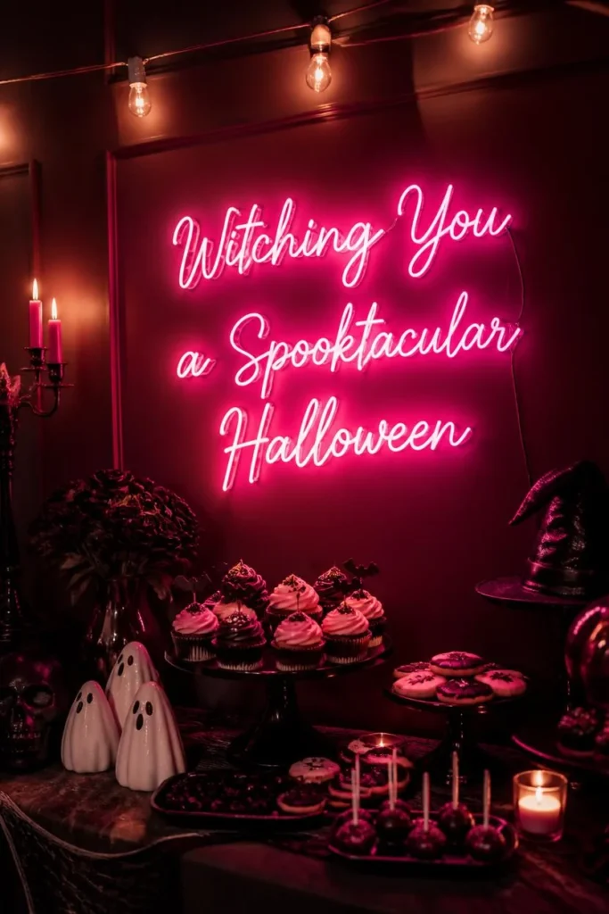 party room at dusk, featuring a dimmable neon pink sign reading a Halloween phrase 