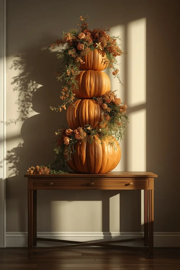 15 Pumpkin Floral Arrangement Ideas for Fall Tables That Feel Effortlessly Elegant 12 entryway table, featuring three stacked pumpkins of decreasing size with cascading flowers