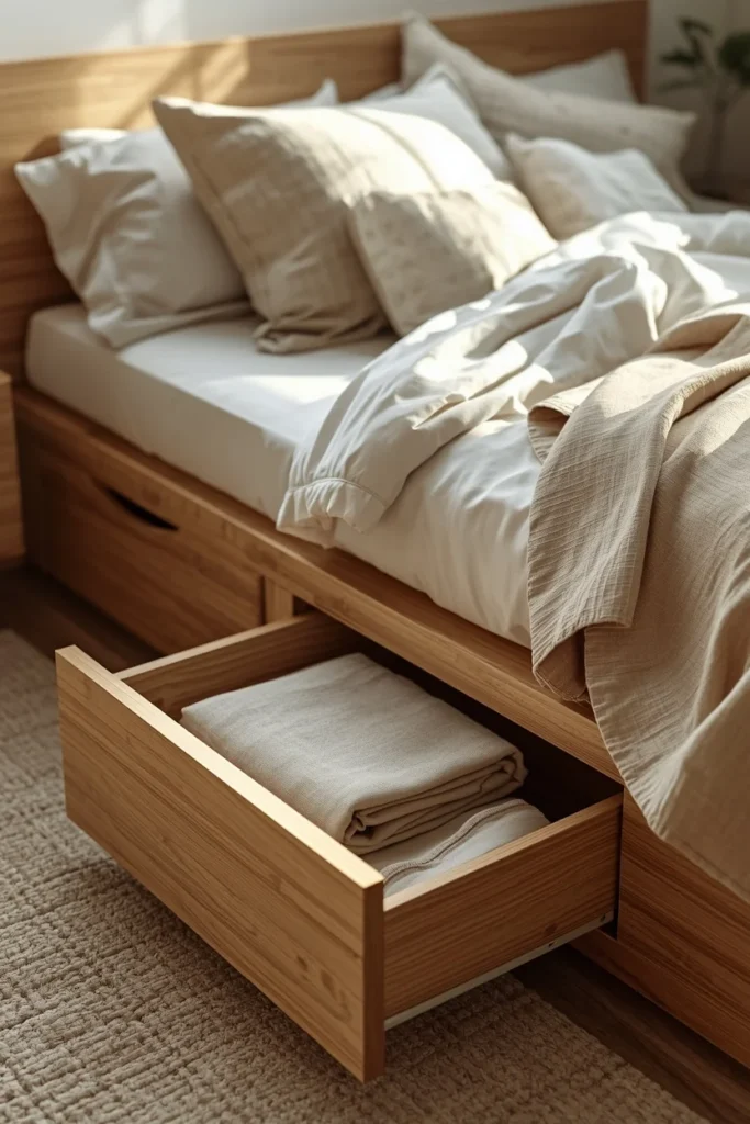  small bedroom, featuring a low wood platform bed with built-in under-bed storage drawers