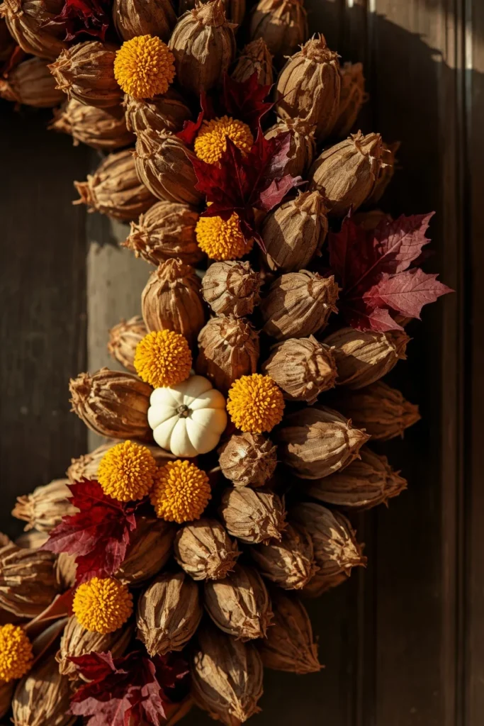  front door wreath close-up, featuring dried lotus seed pods
