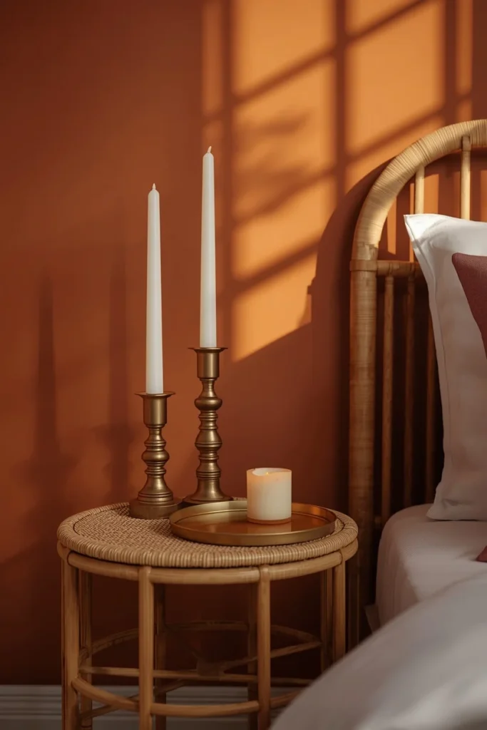 23 Afrobohemian Bedroom Ideas for Warm, Earthy, Soul-Filled Nights 13 bedroom nightstand vignette, featuring a rattan side table