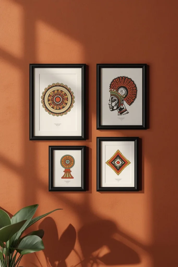 gallery wall detail, featuring a small grouping of framed Ethiopian-style illustrations and Adinkra symbol prints 