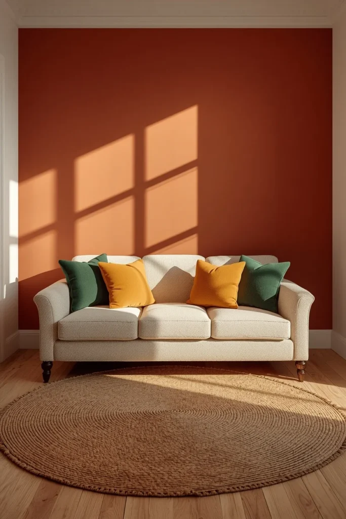  room wide shot, featuring one terracotta-painted accent wall behind a cream boucle sofa