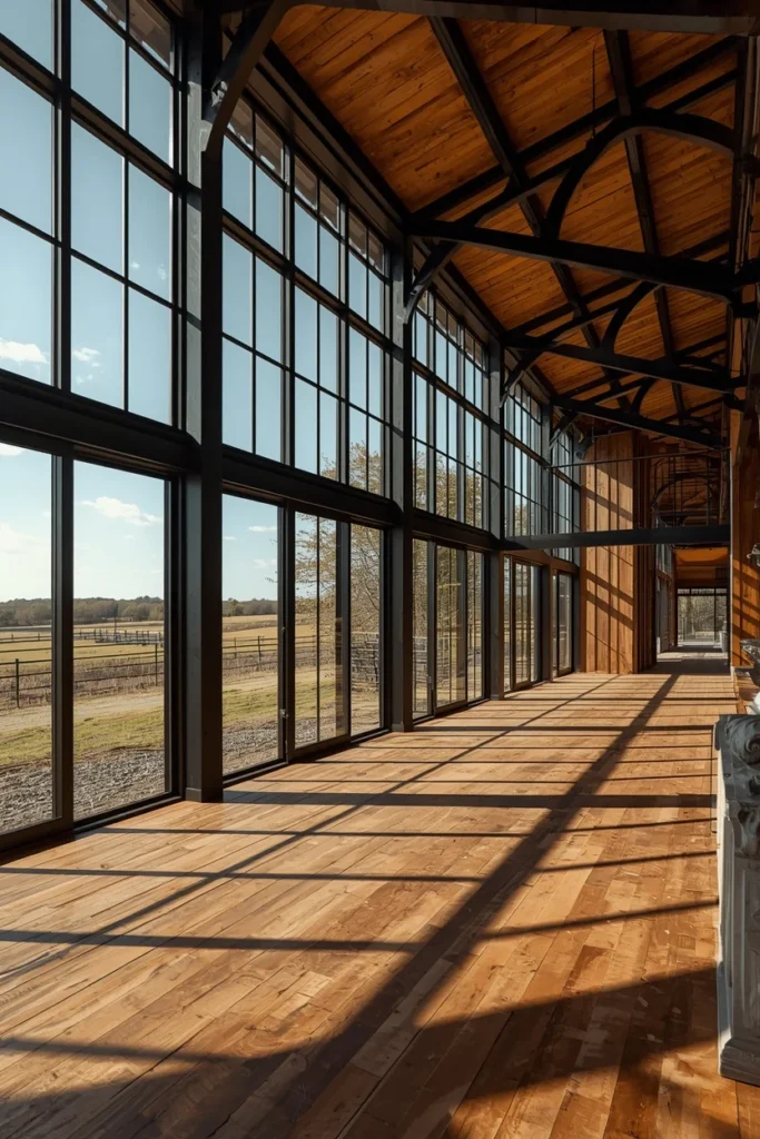barndominium great room, featuring a large wall of black steel-framed windows