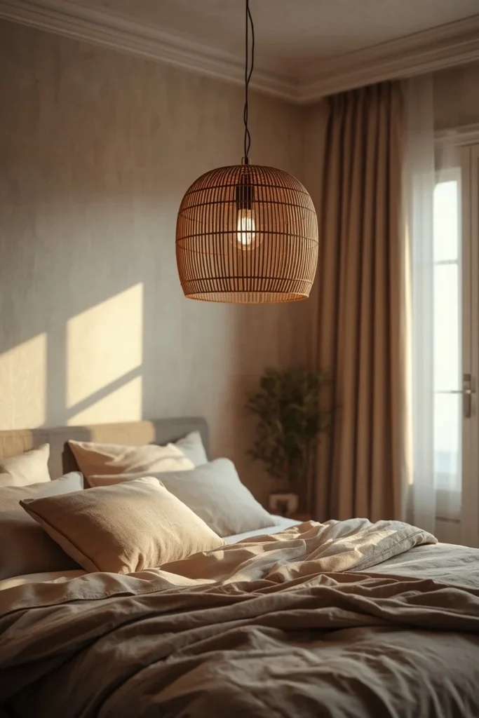 22 Beautiful Bedroom Ideas That Turn Your Room Into a Personal Sanctuary 13 bedroom, featuring a sculptural woven pendant light