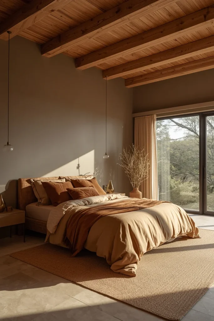 21 Bedroom Color Schemes That Make Your Room Feel Like a Boutique Hotel 13 Bedroom with mushroom-toned walls, sand and warm taupe layered bedding,