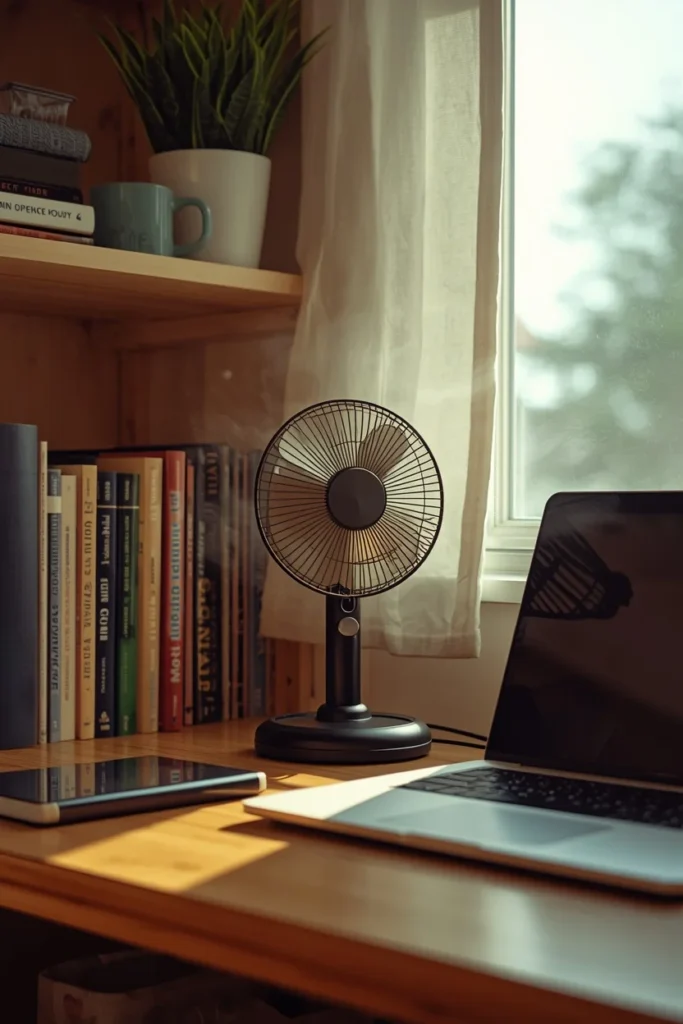  dorm room, featuring a small clip-on fan attached to a dorm desk shelf
