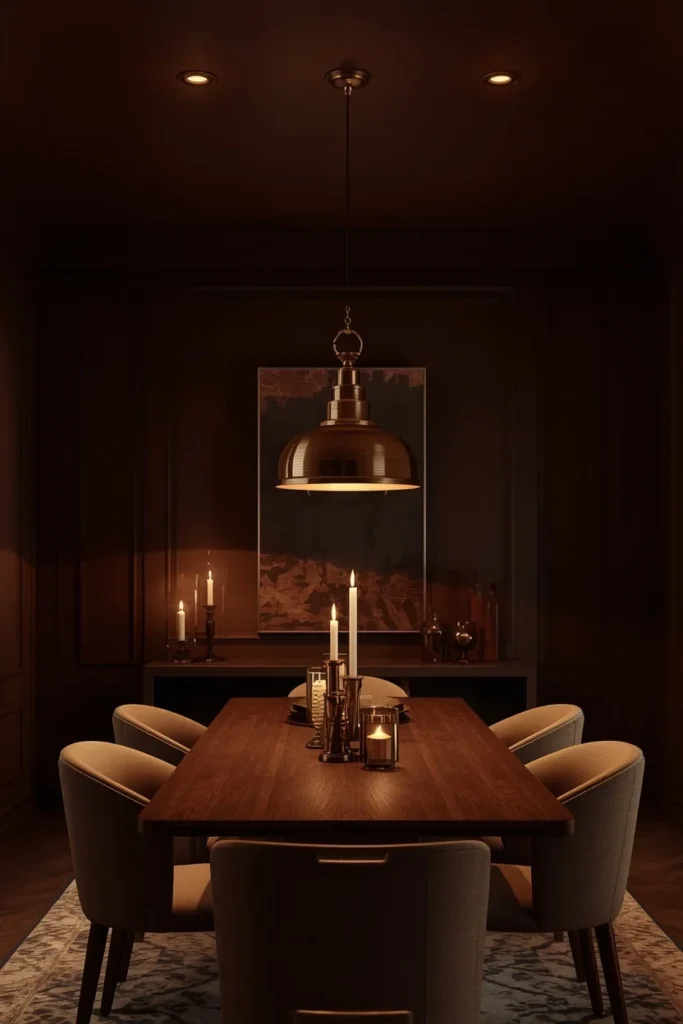  dining room, featuring a deep chocolate brown ceiling matching the walls, wooden dining table