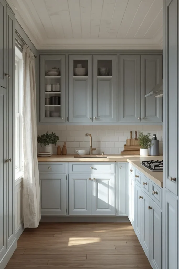 small kitchen, featuring soft dusty blue cabinets, walls, trim, and ceiling in one continuous tone,