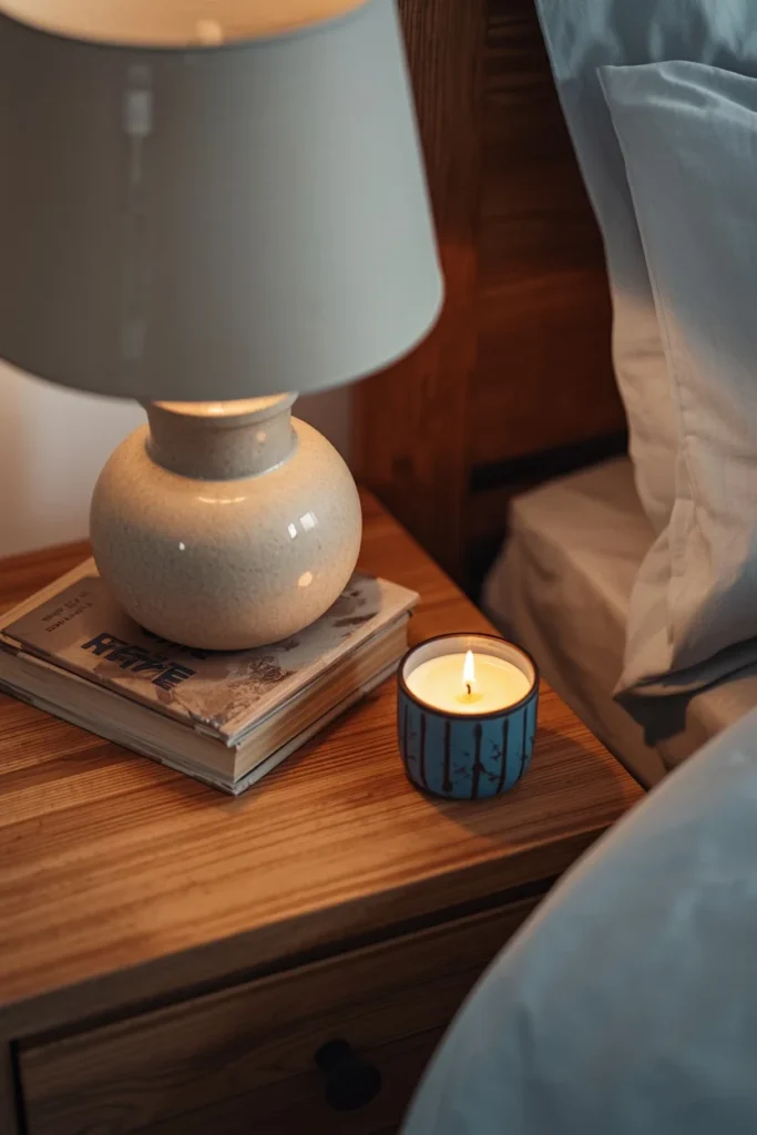 nightstand close-up, featuring a wood nightstand with a ceramic table lamp, a small stack of two books