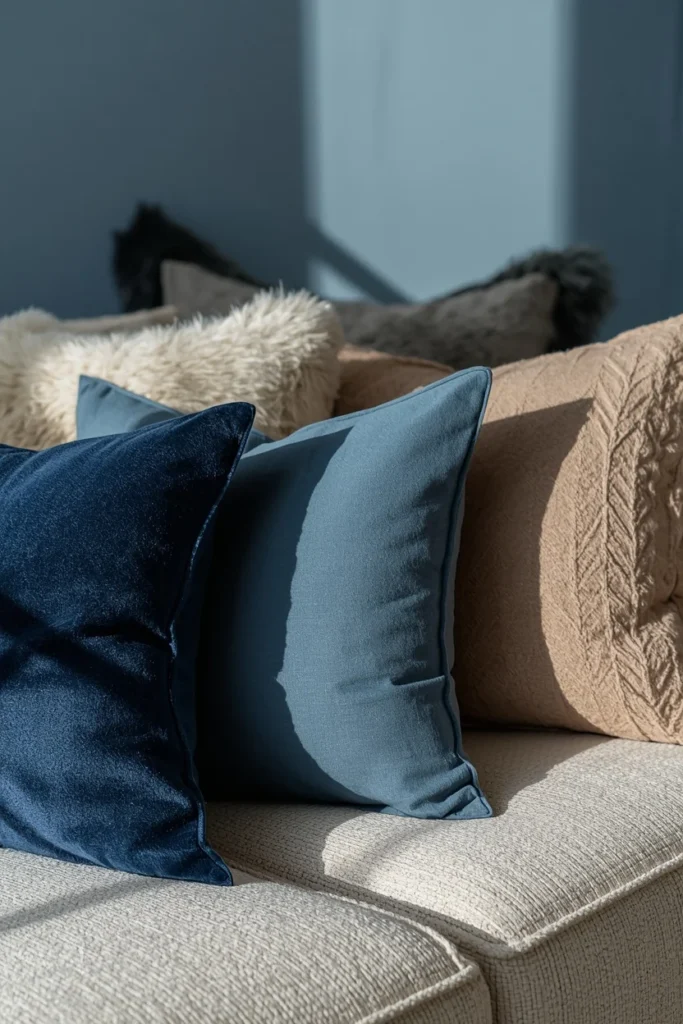  sofa styling detail, featuring a layered mix of tonal blue and warm cream throw pillows