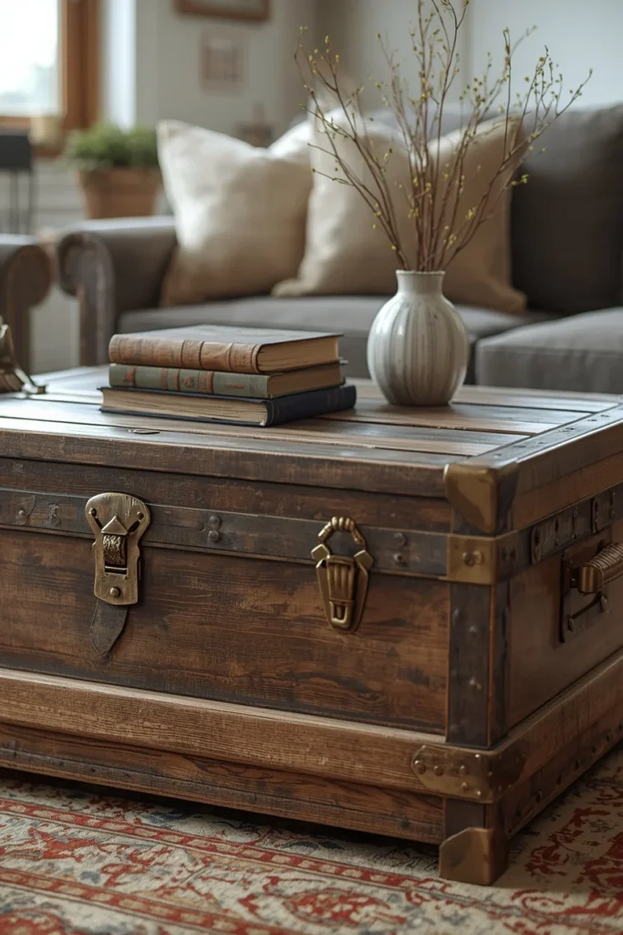 19 Cottagecore Living Room Ideas That Feel Like a Storybook Come to Life 13 cottagecore living room, featuring a weathered antique wood trunk