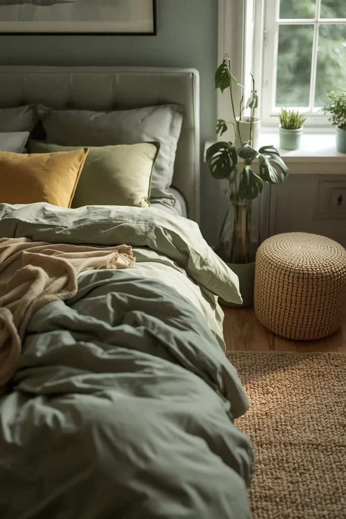 24 Cozy Bedroom Ideas That Make You Never Want to Leave Your Bed 13 bedroom close-up, featuring sage and olive green bedding and accents,