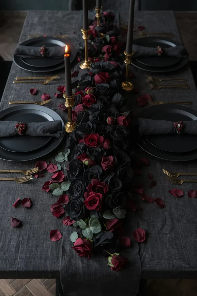  dining table setting, featuring matte black plates, dark gray linen napkins,