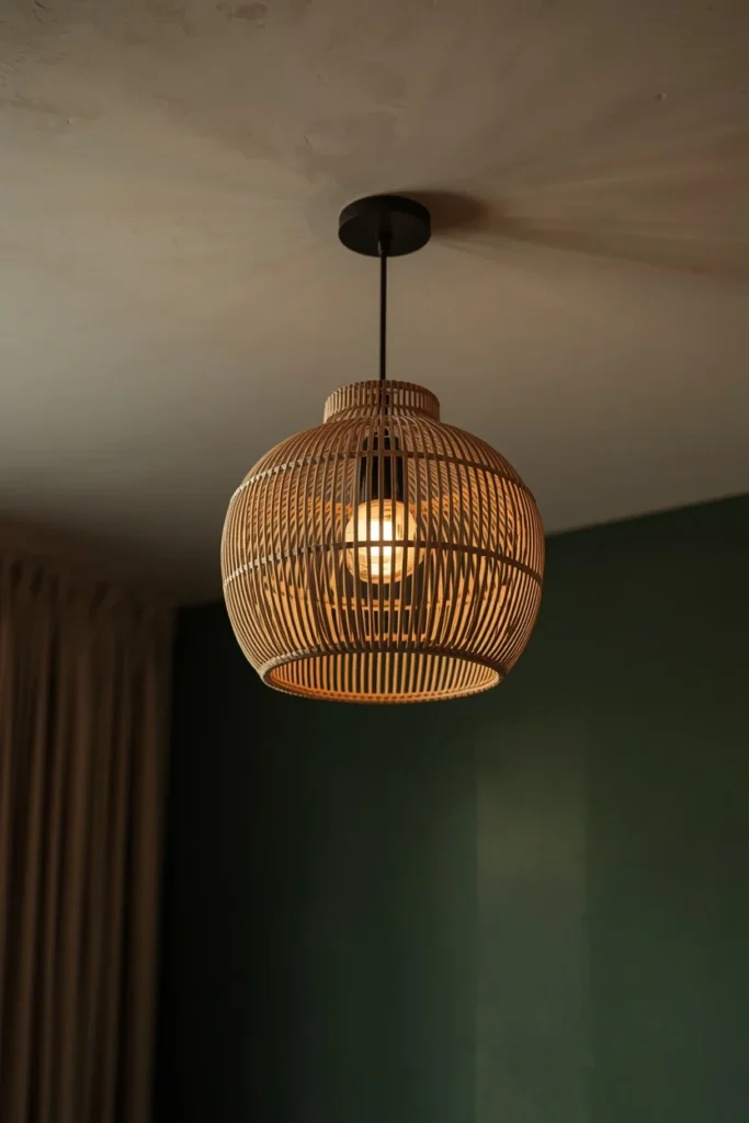 bedroom ceiling detail, featuring a woven rattan pendant light fixture 