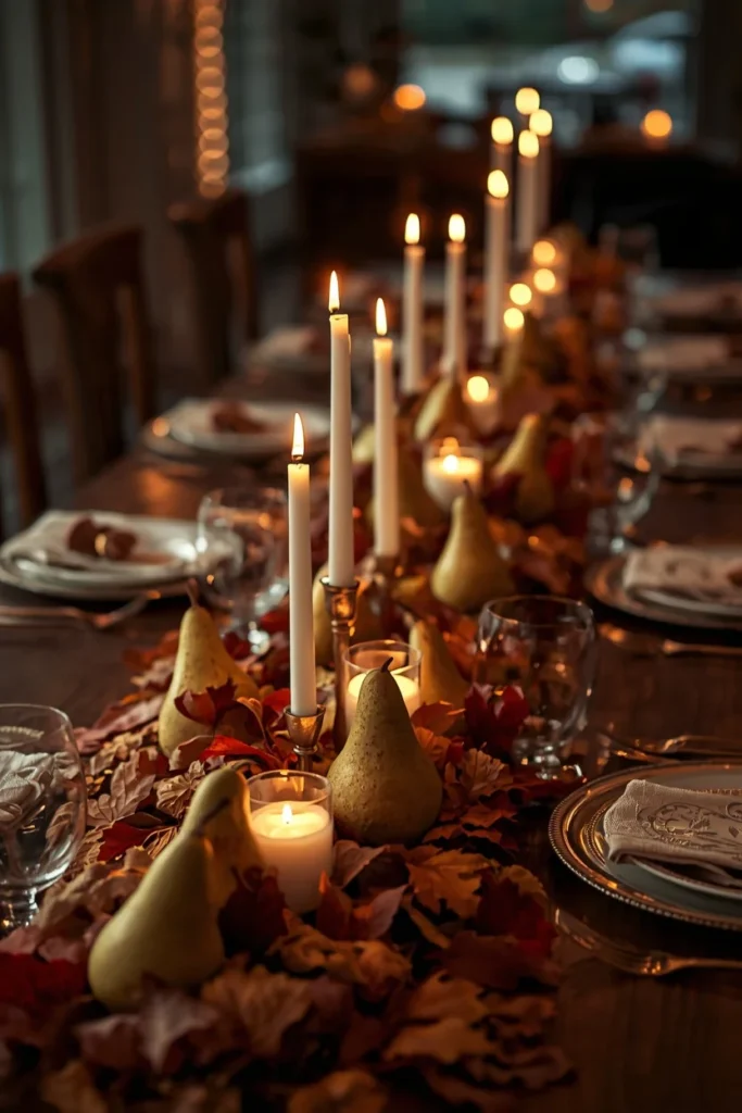 21 Fall Centerpiece Ideas That Take Minutes to Put Together (Easy + Budget-Friendly) 13 table runner centerpiece, featuring staggered taper candle holders and pears arranged