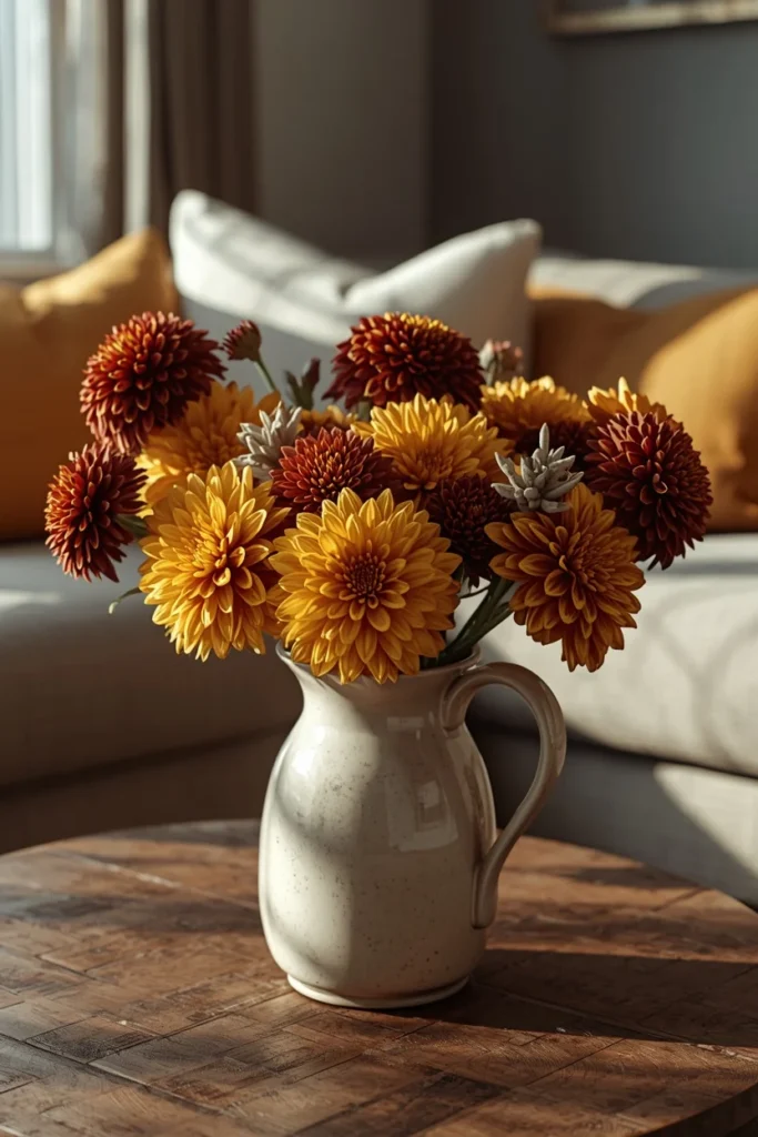20 Fall Coffee Table Decor Ideas to Steal This Season 13 living room, featuring a ceramic pitcher filled with warm gold and burgundy mums