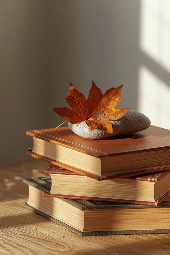 desk decor, featuring a small stack of warm-toned books 