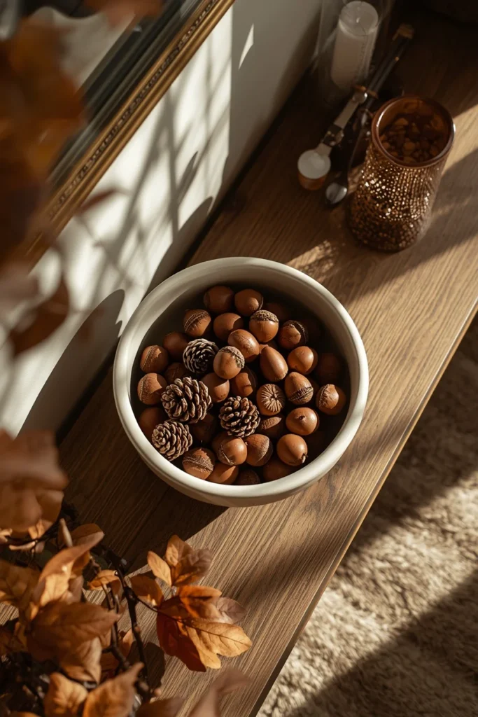 16 Fall Entry Table Decor Ideas That Wow Guests Instantly-Cozy Autumn Entryway Styling 13 entryway console table, featuring a wide ceramic bowl filled with acorns, pinecones, and dried leaves