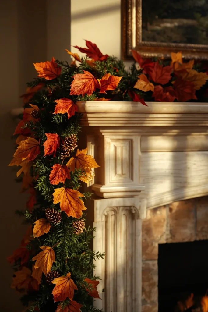  fireplace mantel edge, featuring a faux autumn leaf garland in deep red,