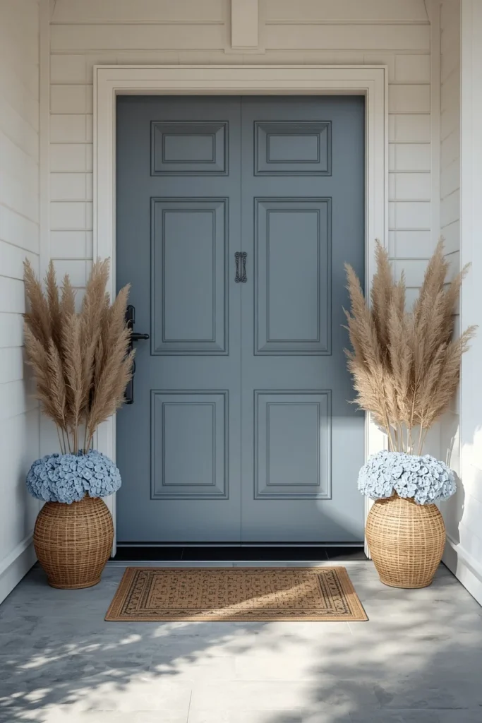  front door entrance, featuring two matching woven baskets 