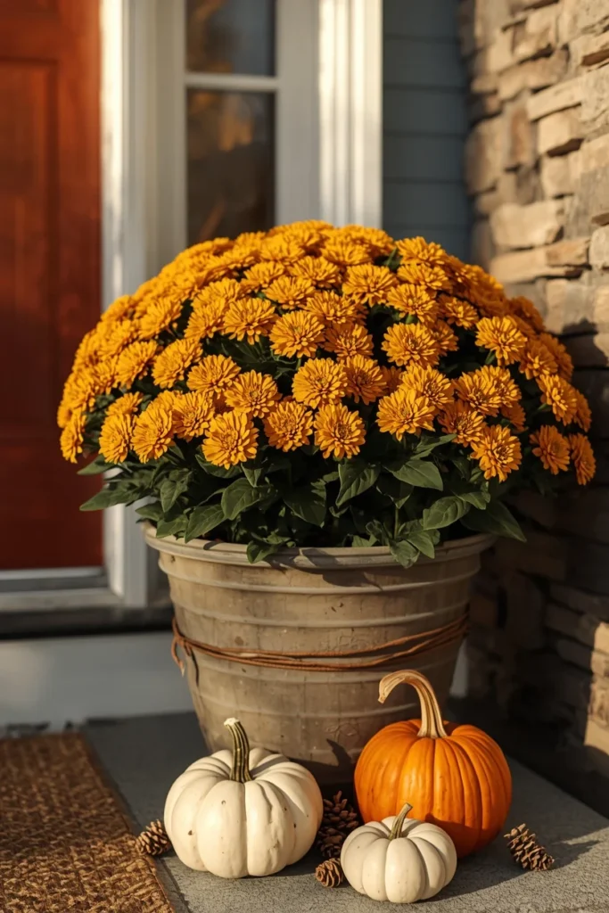 19 Fall Planter Ideas That Bring Instant Curb Appeal 13 front porch planter, featuring mini pumpkins and pinecone bundles tucked around the base of mum blooms,