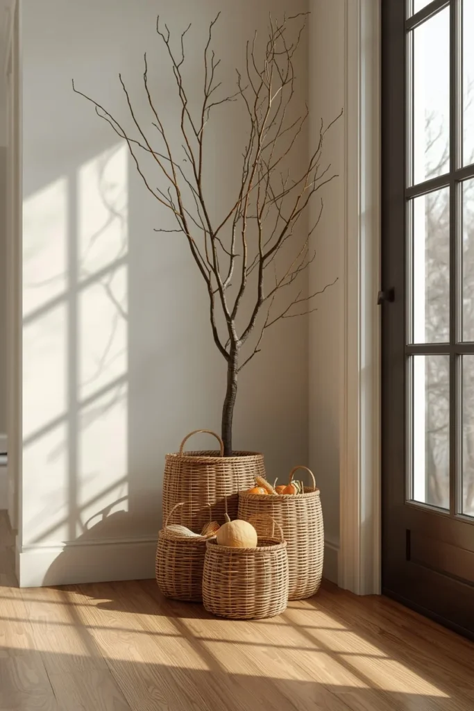 18 Fall Tree Ideas to Decorate Your Home Like a Magazine 13 entryway floor vignette, featuring a bare twig tree rising from a cluster of three nested woven baskets
