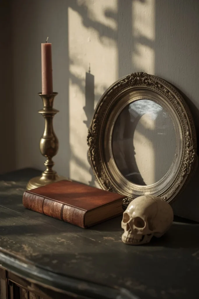 tabletop vignette, featuring a vintage leather book, a brass candlestick