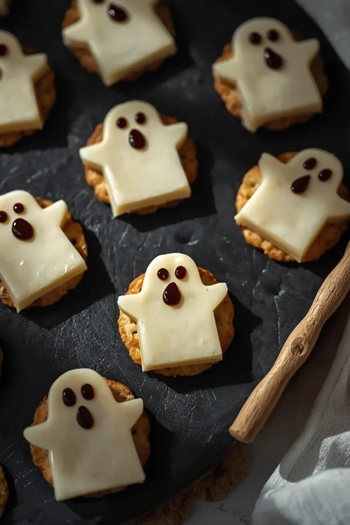  charcuterie board detail, featuring white cheddar cheese cutouts shaped like ghosts