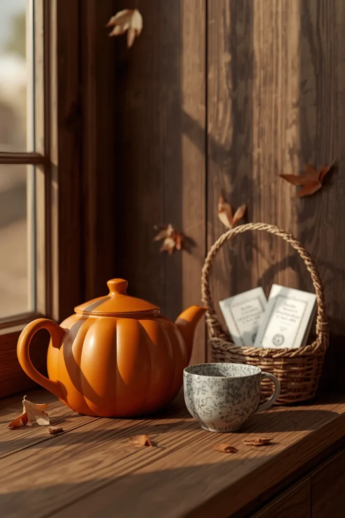 cozy tea corner shot, featuring a matte orange pumpkin-shaped ceramic teapot beside two mismatched vintage teacups 