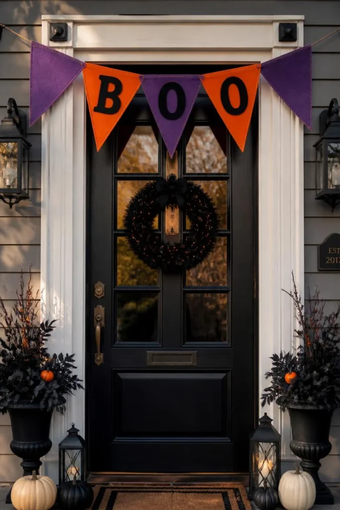  front door decorated for Halloween, featuring a handmade felt banner spelling BOO
