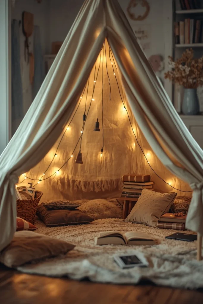  homeschool room, featuring a canvas canopy reading fort