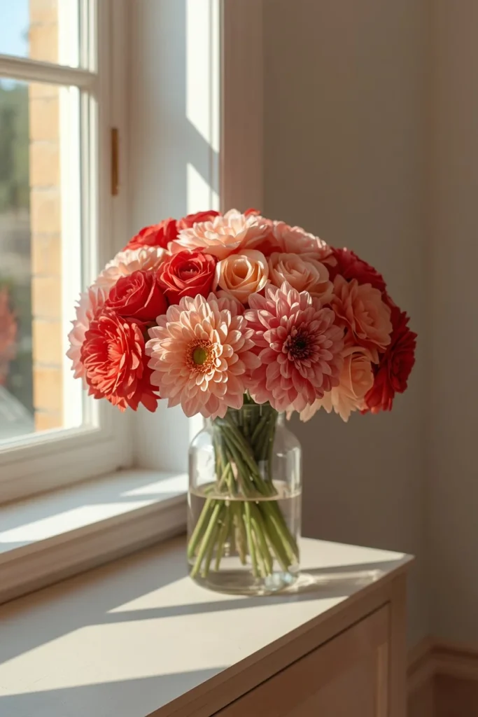 15 Pink Fall Decor Ideas for a Softer Take on Autumn 13 floral arrangement, featuring an ombré bouquet of roses and dahlias gradating from deep rose