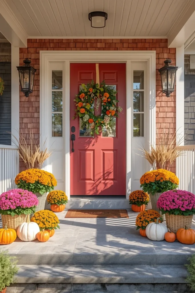  front porch, featuring a color-blocked display with pink pumpkins and mums 