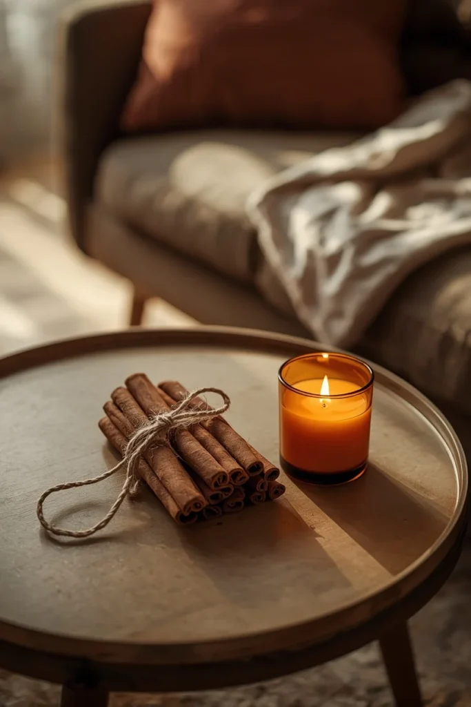  living room, featuring a small bundle of cinnamon sticks tied 
