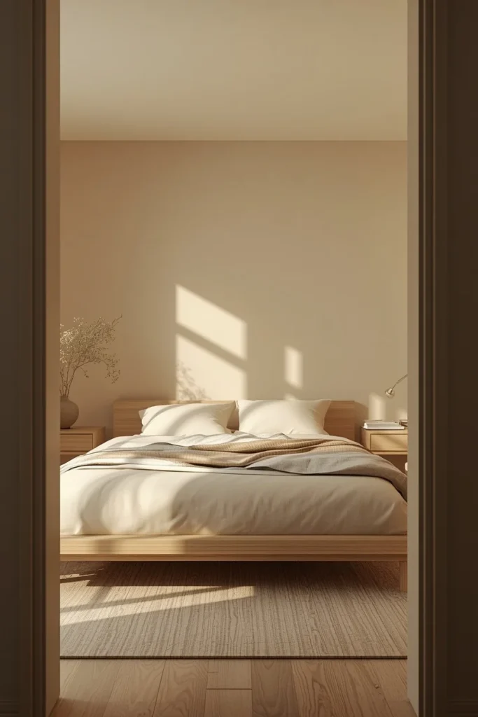  small bedroom, featuring a low-profile platform bed with a slim light wood frame and no headboard bulk