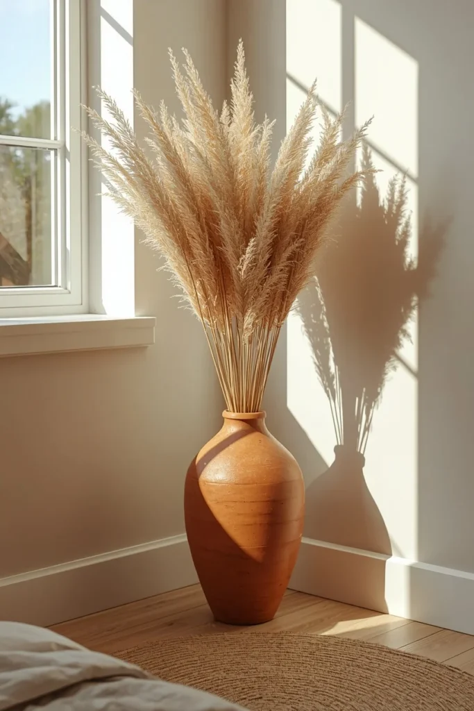 23 Afrobohemian Bedroom Ideas for Warm, Earthy, Soul-Filled Nights 14 bedroom corner, featuring a tall terracotta ceramic vessel filled