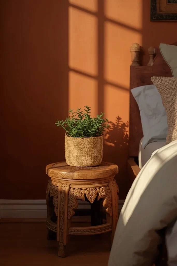  bedside detail, featuring a small hand-carved wooden stool used as a side table