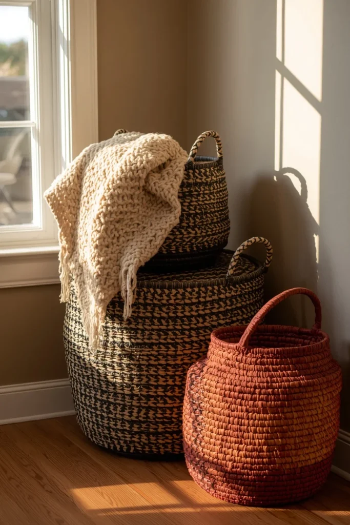  storage and functional styling shot, featuring three stacked handwoven baskets