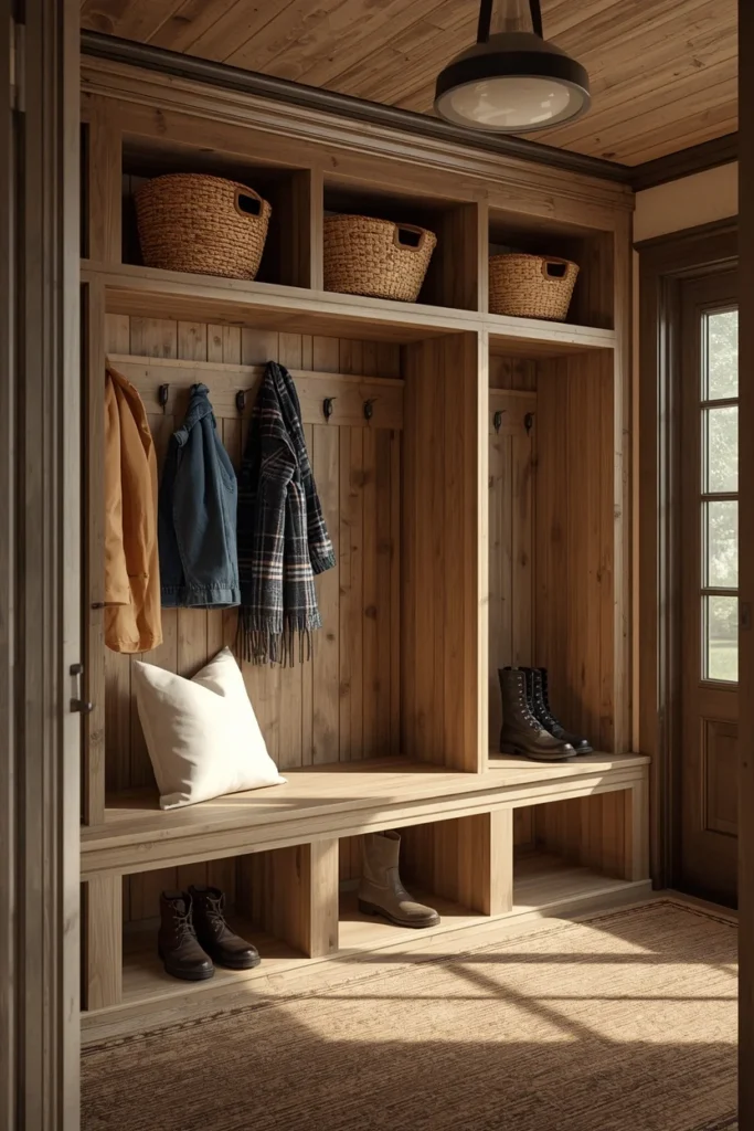 barndominium mudroom, featuring built-in wood cubbies