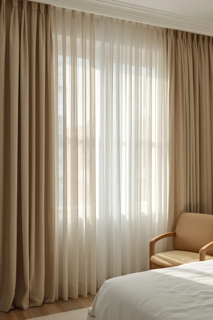22 Beautiful Bedroom Ideas That Turn Your Room Into a Personal Sanctuary 14 bedroom window, featuring soft sheer linen curtains layered
