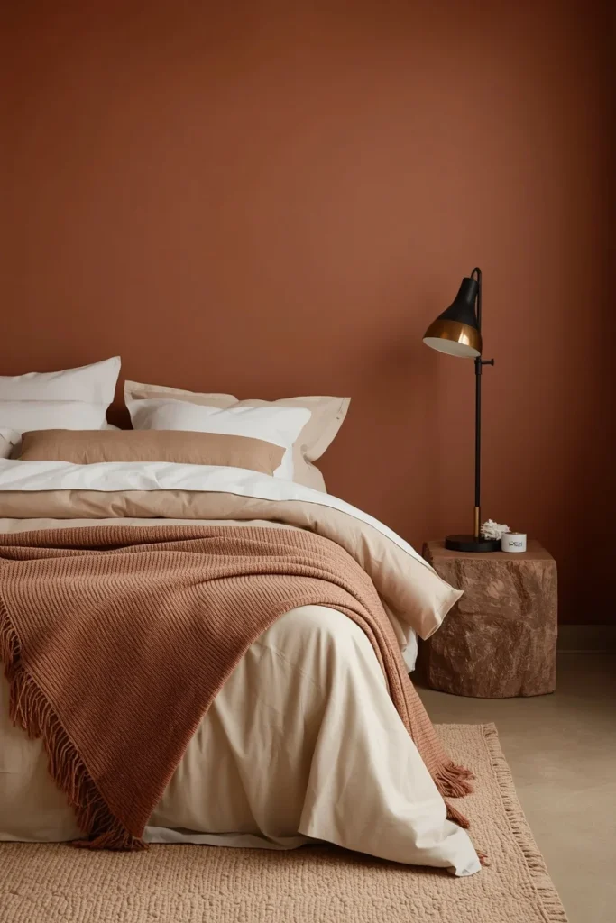 21 Bedroom Color Schemes That Make Your Room Feel Like a Boutique Hotel 14 Bedroom with matte clay-toned walls, soft beige and warm white layered bedding