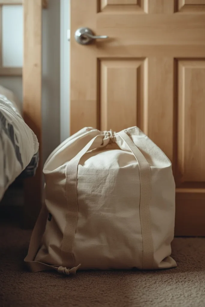 dorm room close-up, featuring a canvas laundry bag