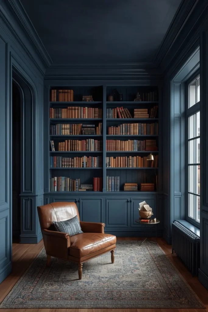 home library, featuring a slate blue ceiling matching built-in bookshelves painted the same color