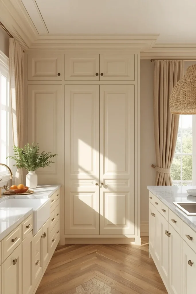  kitchen, featuring warm cream and ivory cabinets, walls, trim, and built-in pantry doors, 
