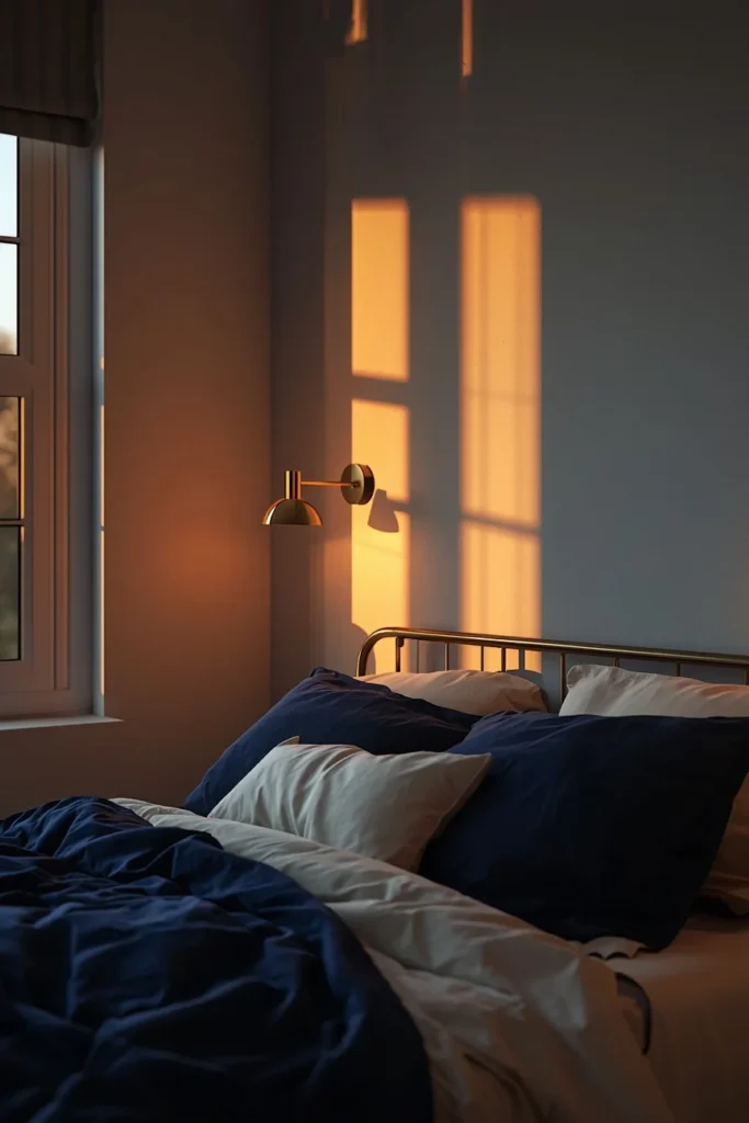  evening bedroom shot, featuring warm dimmed brass wall sconces mounted on either side of a bed